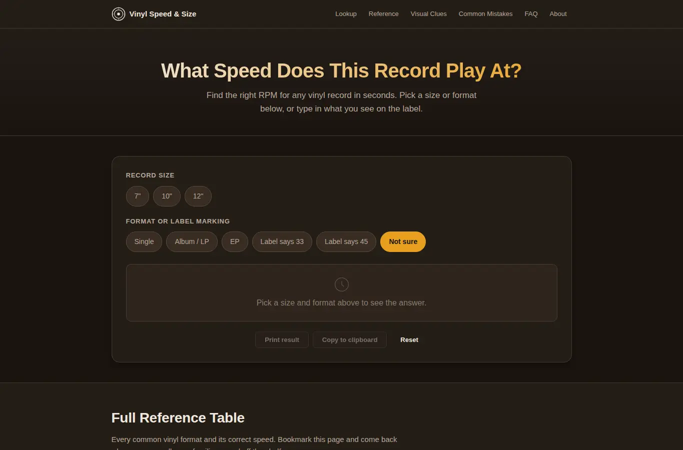 Screenshot of Vinyl Speed and Size Cheat Sheet interface showing the project page in use